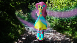 Size: 3840x2160 | Tagged: safe, artist:bastbrushie, imported from derpibooru, fluttershy, equestria girls, boots, clothes, cute, dress, equestria girls in real life, fall formal outfits, female, forest, high heel boots, irl, pathway, photo, solo