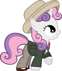 Size: 972x1117 | Tagged: safe, artist:cloudy glow, artist:cloudyglow, imported from derpibooru, sweetie belle, pony, unicorn, claire corlett, clothes, cosplay, costume, crossover, doctor who, female, seventh doctor, simple background, solo, sylvester mccoy, transparent background, vector, wip