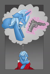 Size: 944x1393 | Tagged: safe, artist:susiebeeca, imported from derpibooru, trixie, pony, unicorn, crying, female, gun, mare, pistol, sad, solo, thought bubble