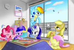 Size: 4195x2837 | Tagged: safe, artist:jicho, imported from derpibooru, applejack, fluttershy, pinkie pie, rainbow dash, rarity, twilight sparkle, board game, calendar, card, clock, clothes, dice, implied appledash, implied flutterdash, implied lesbian, implied rarijack, implied shipping, kite, kotatsu, levitation, magic, magic aura, mane six, monopoly, pixiv, scarf, sleeping, smiling, snow, table, telekinesis