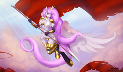 Size: 6853x4000 | Tagged: safe, artist:hardcrowmao, imported from derpibooru, princess celestia, alicorn, anthro, unguligrade anthro, absurd resolution, armor, banner, breasts, female, flag, pink-mane celestia, solo, unconvincing armor