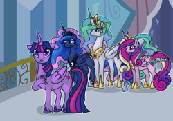 Size: 1000x700 | Tagged: safe, artist:kkitsu, imported from derpibooru, princess cadance, princess celestia, princess luna, twilight sparkle, alicorn, pony, twilight's kingdom, alicorn tetrarchy, female, floppy ears, frown, looking up, mare, scene interpretation, twilight sparkle (alicorn), unshorn fetlocks, worried