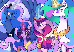 Size: 1000x700 | Tagged: safe, artist:kkitsu, imported from derpibooru, princess cadance, princess celestia, princess luna, twilight sparkle, alicorn, pony, alicorn tetrarchy, female, hair over one eye, magic, mare, raised hoof, smiling, spread wings, twilight sparkle (alicorn)