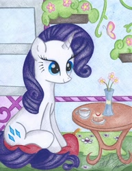 Size: 2512x3248 | Tagged: safe, artist:jackie00liza, imported from derpibooru, rarity, cushion, cute, female, flower, sitting, solo, table, tea, traditional art