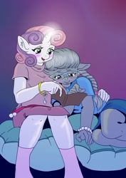 Size: 752x1063 | Tagged: safe, artist:jeremy3, imported from derpibooru, silver spoon, sweetie belle, anthro, earth pony, unicorn, blushing, book, bracelet, braid, clothes, cute, glasses, glowing horn, shipping, silverbelle, skirt, socks