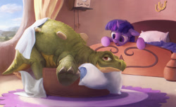 Size: 1600x980 | Tagged: safe, artist:cannibalus, imported from derpibooru, spike, twilight sparkle, dinosaur, pony, stegosaurus, unicorn, confused, crossover, don bluth, female, floppy ears, golden oaks library, mare, name pun, namesake, pun, reference, spike (land before time), spike (the land before time), the land before time, unicorn twilight