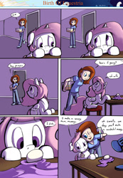 Size: 1280x1853 | Tagged: safe, artist:shieltar, imported from derpibooru, princess celestia, oc, oc:grace harmony, human, comic:birth of equestria, cewestia, comic, dialogue, egg, female, filly, floppy ears
