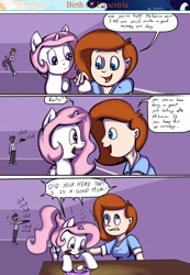 Size: 1280x1853 | Tagged: safe, artist:shieltar, imported from derpibooru, princess celestia, oc, oc:grace harmony, oc:professor harmony, human, comic:birth of equestria, cewestia, comic, dialogue, egg, female, filly, open mouth