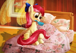 Size: 1100x772 | Tagged: safe, artist:lis-alis, imported from derpibooru, roseluck, earth pony, pony, bed, bow, comb, commissioner:doom9454, cute, female, fluffy, grooming, hair bow, interior, looking at something, mare, mouth hold, sitting