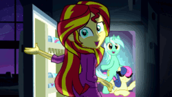Size: 1036x583 | Tagged: safe, artist:snapai, imported from derpibooru, bon bon, lyra heartstrings, sunset shimmer, sweetie drops, equestria girls, rainbow rocks, animated, crossing the memes, exploitable meme, female, gangnam style, lyravator, meme, pinkie's refrigerator, refrigerator