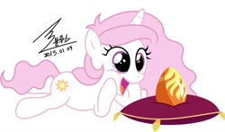 Size: 900x529 | Tagged: safe, artist:bluse, imported from derpibooru, philomena, princess celestia, phoenix, pony, background removed, cewestia, cute, cutelestia, egg, filly, hatching, open mouth, pillow, pink-mane celestia, prone, show accurate, signature, simple background, unicorn celestia, vector, white background