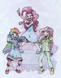 Size: 2005x2572 | Tagged: safe, artist:ilacavgbmjc, imported from derpibooru, fluttershy, pinkie pie, rainbow dash, equestria girls, clothes, humanized, pajamas, singing, slippers, traditional art