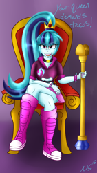 Size: 1300x2300 | Tagged: safe, artist:novaspark, imported from derpibooru, sonata dusk, equestria girls, rainbow rocks, crown, jewelry, nail polish, regalia, scepter, sonataco, that girl sure loves tacos, that pony sure does love tacos, that siren sure does love tacos, throne