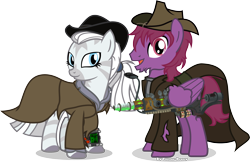 Size: 4881x3156 | Tagged: safe, artist:vector-brony, imported from derpibooru, oc, oc only, oc:crystal eclair, oc:tooty fruity, pegasus, pony, zebra, fallout equestria, fallout equestria: influx, battle saddle, clothes, coat, cowboy hat, dashite, energy weapon, fanfic, fanfic art, female, gun, hat, hooves, magical energy weapon, male, mare, open mouth, pipbuck, plasma rifle, ponytail, simple background, smiling, stallion, stetson, tootyeclair, transparent background, vector, weapon, western, wings