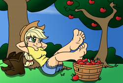 Size: 2063x1403 | Tagged: safe, artist:kuroi-wolf, edit, imported from derpibooru, applejack, human, barefoot, boots, feet, humanized, soles, toes