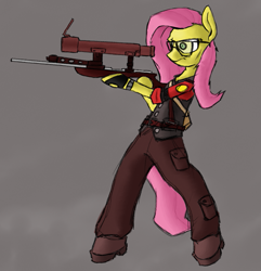 Size: 651x674 | Tagged: safe, artist:bluvsred, imported from derpibooru, fluttershy, pony, semi-anthro, bipedal, sniper, snipershy, team fortress 2