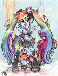 Size: 1000x1302 | Tagged: safe, artist:oriwhitedeer, imported from derpibooru, rainbow dash, pony, bipedal, crossover, hachune miku, hatsune miku, parody, traditional art, vocaloid