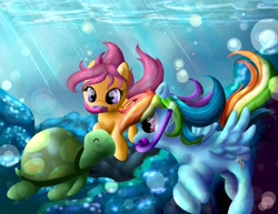 Size: 3850x2975 | Tagged: safe, artist:ponyswirl, imported from derpibooru, rainbow dash, scootaloo, tank, tortoise, bubble, eyes closed, scuba diving, smiling, snorkel, snorkeling, swimming, underwater