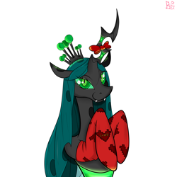 Size: 2048x2048 | Tagged: dead source, safe, artist:briarspark, imported from derpibooru, queen chrysalis, changeling, changeling queen, bedroom eyes, bow, clothes, fangs, female, looking at you, smiling, socks, solo