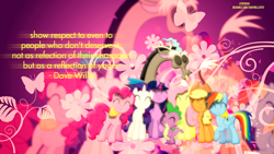 Size: 1920x1080 | Tagged: safe, artist:illumnious, artist:masem, imported from derpibooru, applejack, discord, fluttershy, pinkie pie, rainbow dash, rarity, spike, twilight sparkle, alicorn, pony, dave willis, female, flower, group hug, mane seven, mane six, mare, quote, twilight sparkle (alicorn), vector, wallpaper