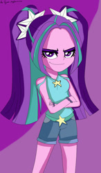 Size: 683x1170 | Tagged: safe, artist:dasha181125034, imported from derpibooru, aria blaze, equestria girls, clothes, female, looking at you, shirt, shorts, solo