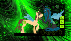 Size: 1024x594 | Tagged: safe, artist:serenitydragonwing, imported from derpibooru, queen chrysalis, oc, oc:poisoned soul, canon x oc, changelingified, chrysalislover, shipping