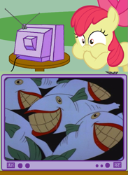 Size: 563x771 | Tagged: safe, imported from derpibooru, apple bloom, batman, batman the animated series, exploitable meme, gagging, joker fish, meme, obligatory pony, smiling, the joker, the laughing fish, tv meme