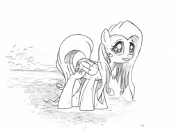 Size: 3148x2408 | Tagged: safe, artist:uminanimu, imported from derpibooru, fluttershy, female, monochrome, ocean, solo, wet, wet mane