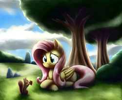 Size: 3657x2997 | Tagged: safe, artist:otakuap, imported from derpibooru, fluttershy, pegasus, pony, squirrel, acorn, prone, redraw, smiling