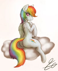 Size: 1041x1280 | Tagged: safe, artist:horse-coffee, imported from derpibooru, rainbow dash, butt, cloud, female, looking back, plot, simple background, sitting, solo