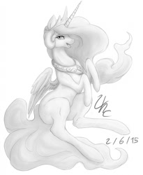 Size: 1052x1280 | Tagged: safe, artist:horse-coffee, imported from derpibooru, princess celestia, female, monochrome, simple background, sitting, solo