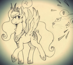 Size: 1280x1126 | Tagged: safe, artist:wirelesspony, imported from derpibooru, princess luna, annoyed, female, frown, heart, love letter, monochrome, solo, traditional art