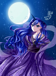 Size: 898x1219 | Tagged: safe, artist:leab-lb, imported from derpibooru, princess luna, human, clothes, dress, earring, female, horned humanization, humanized, looking at you, moon, night, piercing, pixiv, smiling, solo