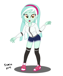 Size: 1515x1824 | Tagged: safe, artist:sumin6301, imported from derpibooru, lyra heartstrings, equestria girls, alternate hairstyle, background human, clothes, female, hairband, hot pants, jacket, shoes, shorts, solo, stockings