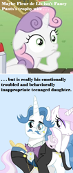 Size: 500x1175 | Tagged: safe, imported from derpibooru, screencap, fancypants, fleur-de-lis, sweetie belle, exploitable meme, frown, image macro, leaning, meme, smiling, sudden clarity sweetie belle