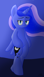 Size: 1204x2106 | Tagged: safe, artist:purpleblackkiwi, imported from derpibooru, princess luna, alicorn, pony, bipedal, cute, female, hooves, looking at you, night, smiling, solo