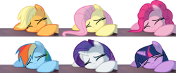 Size: 1024x427 | Tagged: safe, artist:s.guri, imported from derpibooru, applejack, fluttershy, pinkie pie, rainbow dash, rarity, twilight sparkle, earth pony, pegasus, pony, unicorn, canterlot boutique, boutique depression, eyes closed, female, freckles, mane six, mare, simple background, transparent background, vector