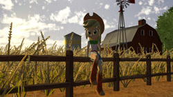 Size: 1024x576 | Tagged: safe, artist:vinuldash, imported from derpibooru, applejack, human, equestria girls, 3d, barn, boots, clothes, cottagecore, cowboy boots, cowboy hat, denim skirt, farm, female, fence, hat, looking at you, shoes, sitting, skirt, smiling, solo, source filmmaker, stetson, windmill