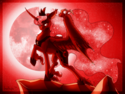 Size: 1024x768 | Tagged: safe, artist:inuhoshi-to-darkpen, imported from derpibooru, princess luna, alicorn, bat pony, bat pony alicorn, pony, bat ponified, blood moon, fangs, feathered fetlocks, female, hybrid wings, lunabat, mare, monochrome, moon, race swap, raised hoof, solo, unshorn fetlocks, wing claws