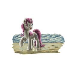 Size: 1000x1000 | Tagged: safe, artist:da-exile, imported from derpibooru, twinkleshine, beach, female, sand, solo, wave, wet mane, wink