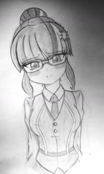Size: 1024x1711 | Tagged: safe, artist:trainbang, imported from derpibooru, sci-twi, twilight sparkle, equestria girls, blushing, female, monochrome, solo, traditional art