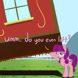 Size: 1280x1280 | Tagged: safe, artist:acersiii, imported from derpibooru, lily longsocks, earth pony, pony, crusaders of the lost mark, adorasocks, cute, dialogue, do you even lift, earth pony magic, earth pony master race, female, lifting, lilydorable, magic, meme, ponyville schoolhouse, solo, super strength