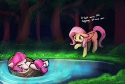 Size: 1125x750 | Tagged: safe, artist:lumineko, imported from derpibooru, fluttershy, lily longsocks, earth pony, pegasus, pony, crusaders of the lost mark, basket, dialogue, eyes closed, female, filly, floppy ears, grass, mare, open mouth, parody, raised hoof, super strength, superman, tree, water