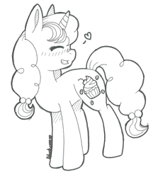 Size: 922x1032 | Tagged: safe, artist:adostume, imported from derpibooru, sugar belle, pony, unicorn, the cutie map, blushing, cute, eyes closed, female, grin, happy, heart, monochrome, smiling, solo, sugarbetes, traditional art