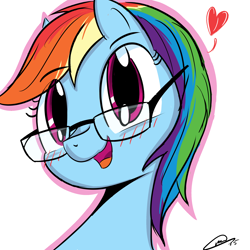 Size: 2500x2500 | Tagged: safe, artist:majorleaguepony, imported from derpibooru, rainbow dash, adorkable, blushing, cute, dashabetes, dork, female, glasses, heart, looking at you, open mouth, portrait, smiling, solo