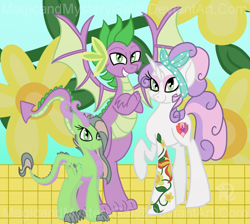 Size: 960x860 | Tagged: safe, alternate version, artist:magicandmysterygal, imported from derpibooru, spike, sweetie belle, oc, oc:melody, dracony, dragon, hybrid, pony, unicorn, crusaders of the lost mark, alternate hairstyle, bandana, cutie mark, eyeshadow, family, female, interspecies offspring, makeup, male, offspring, older, parent:spike, parent:sweetie belle, parents:spikebelle, shipping, spikebelle, straight, tattoo, the cmc's cutie marks, updated design