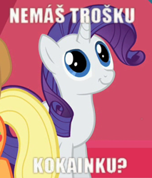 Size: 340x400 | Tagged: safe, edit, edited screencap, imported from derpibooru, screencap, applejack, rarity, the return of harmony, animation error, cocaine, cropped, image macro, meme, slovak, translated in the comments