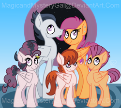 Size: 1000x896 | Tagged: safe, artist:magicandmysterygal, imported from derpibooru, rumble, scootaloo, oc, oc:melon crush, oc:rose fire, oc:windy whirl, crusaders of the lost mark, cutie mark, ear piercing, family, female, goatee, male, offspring, older, parent:rumble, parent:scootaloo, parents:rumbloo, piercing, rumbloo, shipping, straight, the cmc's cutie marks