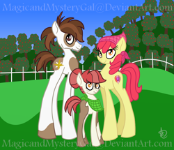 Size: 1000x860 | Tagged: safe, artist:magicandmysterygal, imported from derpibooru, apple bloom, pipsqueak, oc, oc:little seed, crusaders of the lost mark, alternate hairstyle, bandana, chin fluff, cutie mark, family, female, freckles, handkerchief, impossibly long legs, male, offspring, older, parent:apple bloom, parent:pipsqueak, parents:pipbloom, pipbloom, shipping, straight, the cmc's cutie marks