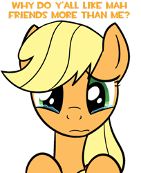Size: 808x988 | Tagged: safe, artist:kev-darkhood, artist:kev-dee, imported from derpibooru, applejack, bronybait, caption, captions, mouthpiece, op is a duck, op is trying to start shit, sad, teary eyes